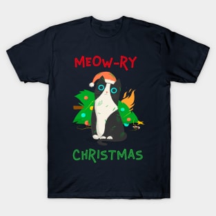 Meow-ry Christmas (Merry Christmas) Christmas Cat Tree Disaster T-Shirt